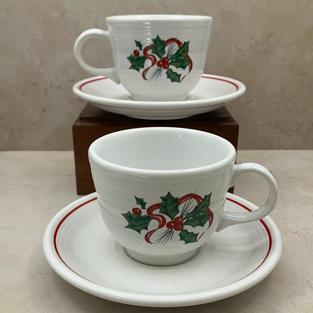 Set Of 2 Holiday Fiesta Tea Cups and Saucers Holly and Ribbon 1988 Pattern F121